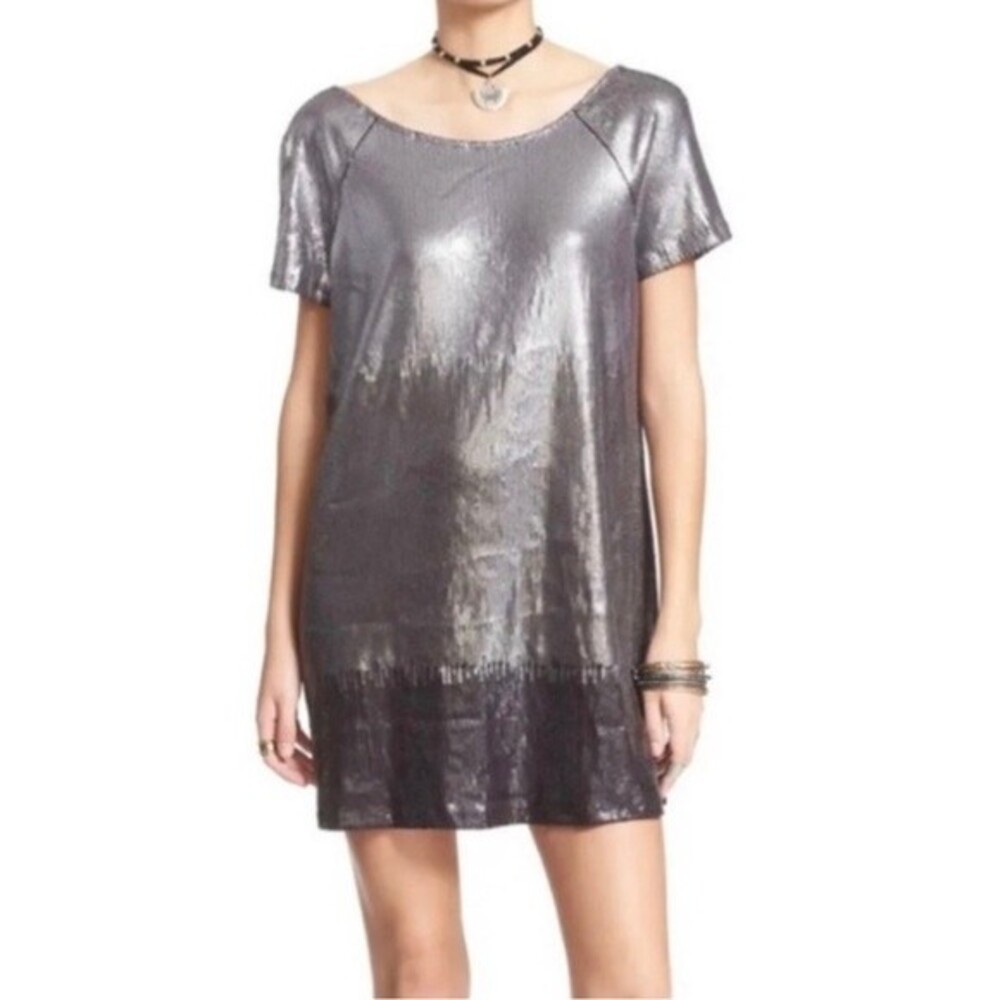 Free People Drenched In Sequins Dress Silver Gunmetal Metallic Combo Size Large